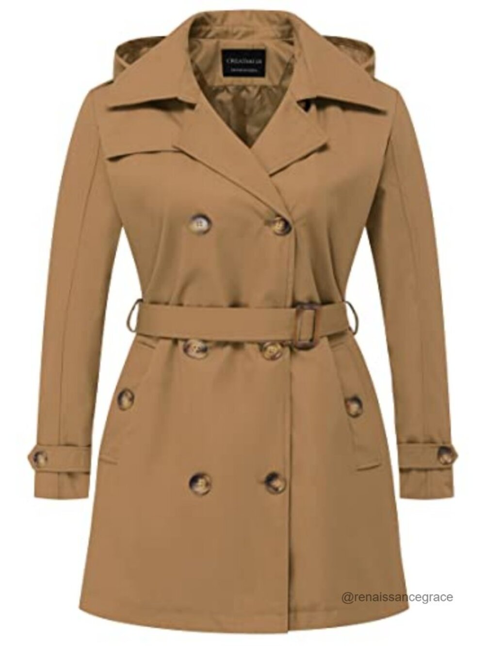 Plus Size Trench Coat Double-Breasted Belted Waterproof Overcoat Detachable Hood